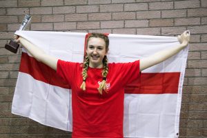 20170307 Sienna Rushton at Netball Europe 2017 with England Flag and Trophy 002