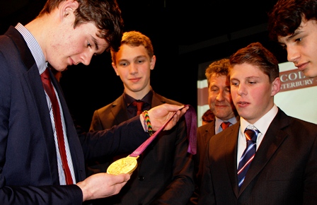Kent College students look at Olympic Gold Medal belonging to Katherine Grainger