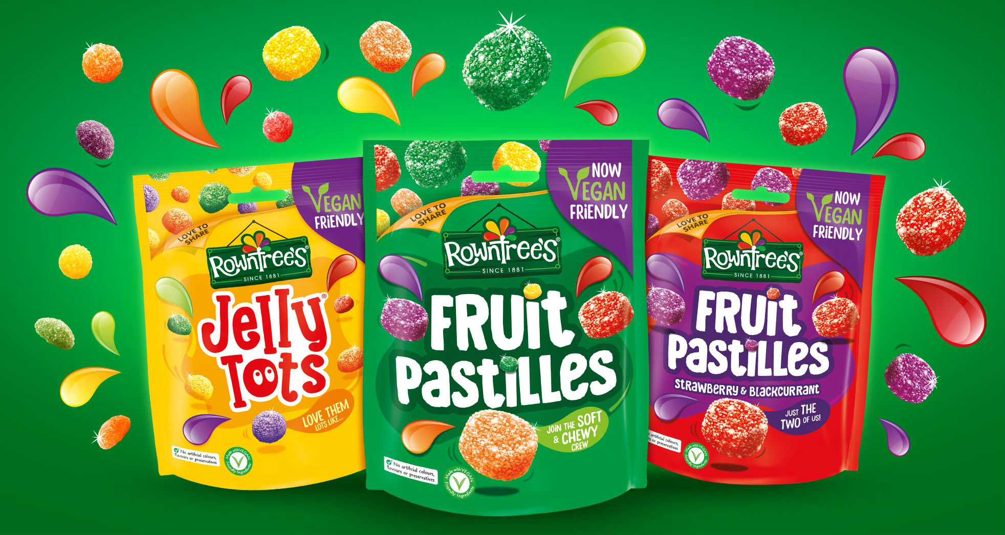 Fruit change. Rowntree's Fruit Gums long lasting soothe and refresh.
