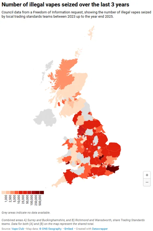 英国报告称三年查获近500万支非法电子烟：55%地方议会辖区去年查获“数千件”